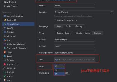 idea创建spring boot项目，java版本只能选择17和21